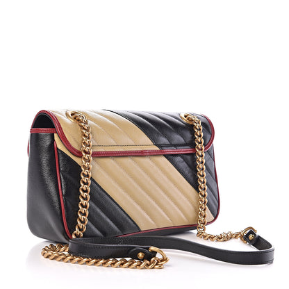 Gucci Vintage Effect Calfskin Matelasse Diagonal Striped Small Torchon GG Marmont Shoulder Bag Black Beige 2 of 9