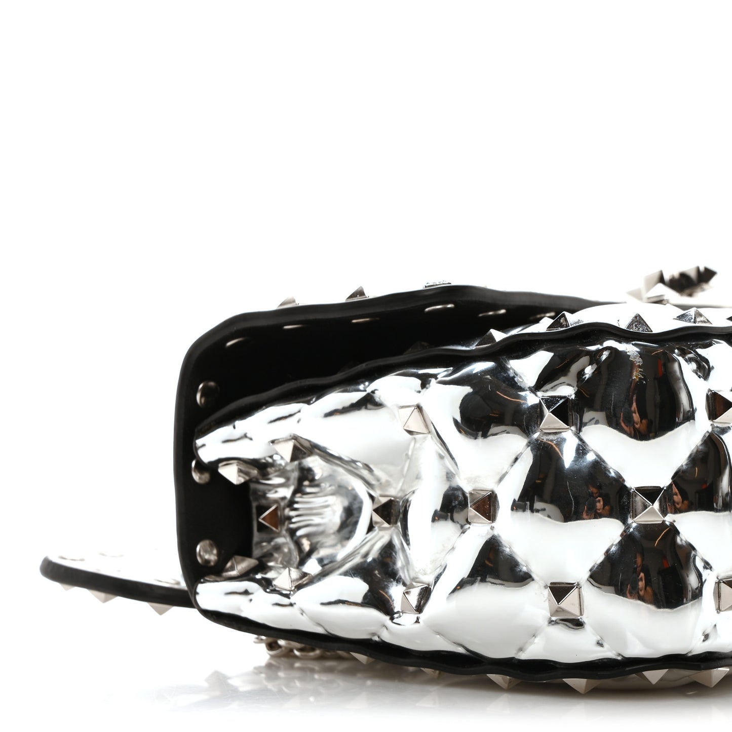 Metallic Patent Quilted Small Rockstud Spike Shoulder Bag Silver