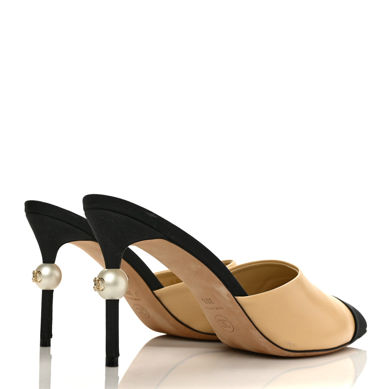 Chanel Lambskin Grosgrain Cap Toe Pearl Mule 39.5 Beige Black 4 of 12