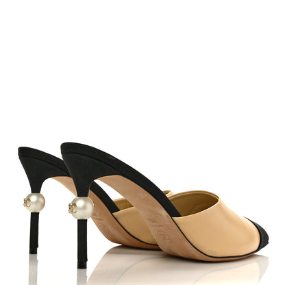 Chanel Lambskin Grosgrain Cap Toe Pearl Mule 39.5 Beige Black 4 of 12