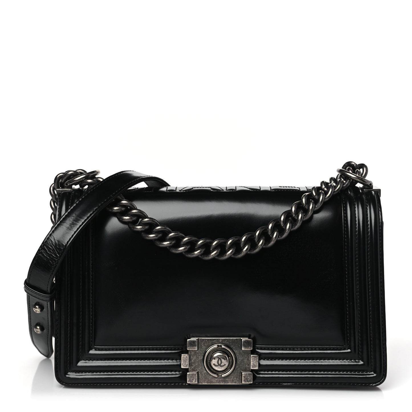 Glazed Calfskin Medium Boy Flap Black