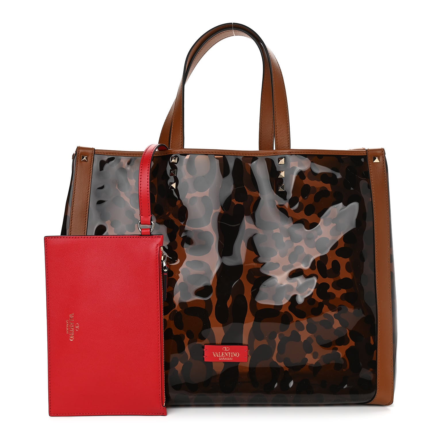 Valentino Garavani PVC Leopard Print Small Rockstud Shopping Tote Brown 1 of 10