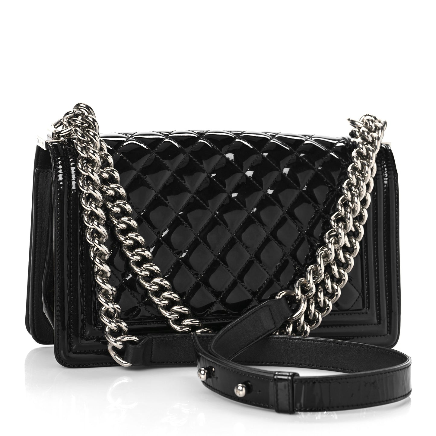 Patent Calfskin Quilted Medium Plexiglass Boy Flap Black