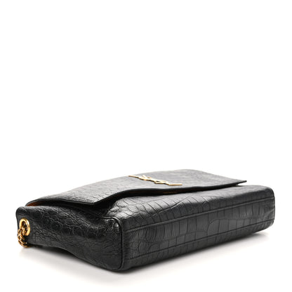 Saint Laurent Calfskin Crocodile Embossed Suede Medium Reversible Monogram Kate Satchel Military Taupe 4 of 11