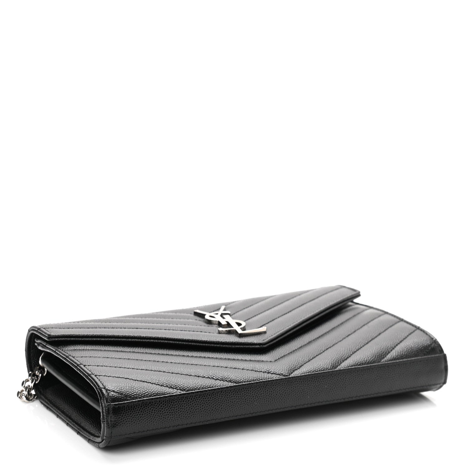 Saint Laurent Grain De Poudre Matelasse Chevron Monogram Chain Wallet Black 4 of 11