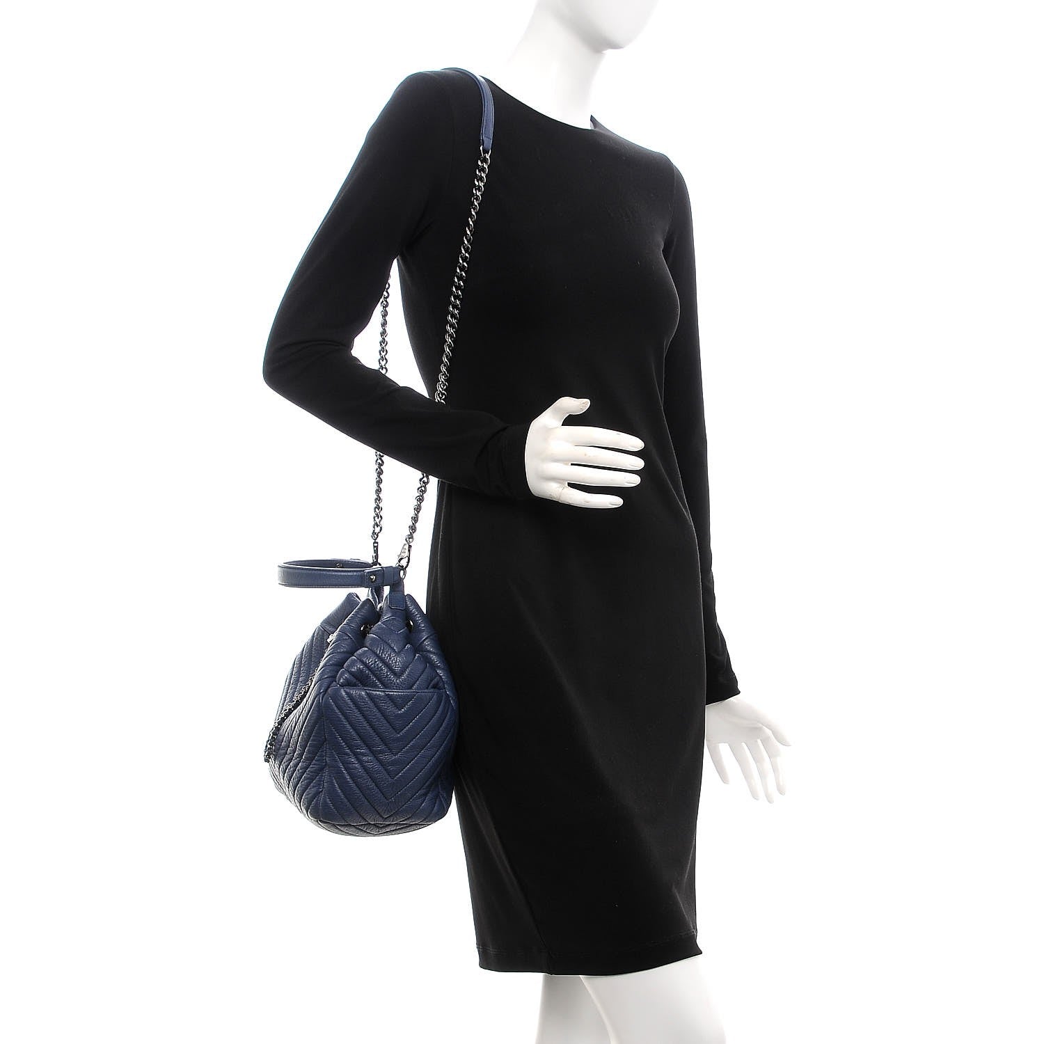 Chanel Deerskin Chevron Medium CC Chain Bucket Drawstring Bag Navy Blue 2 of 9