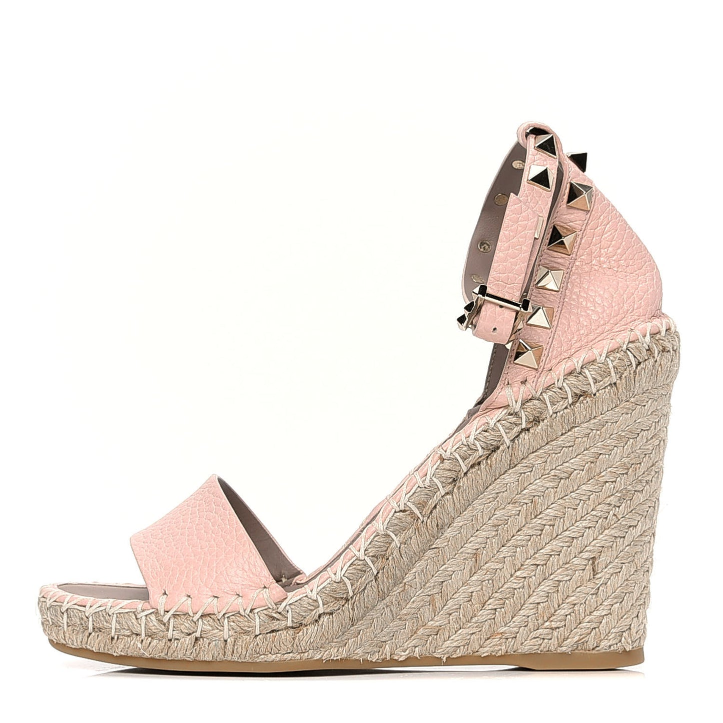 Grained Calfskin Rockstud Ankle Strap Espadrille 15/105mm Wedge Sandals 35 Rose Quartz Natural