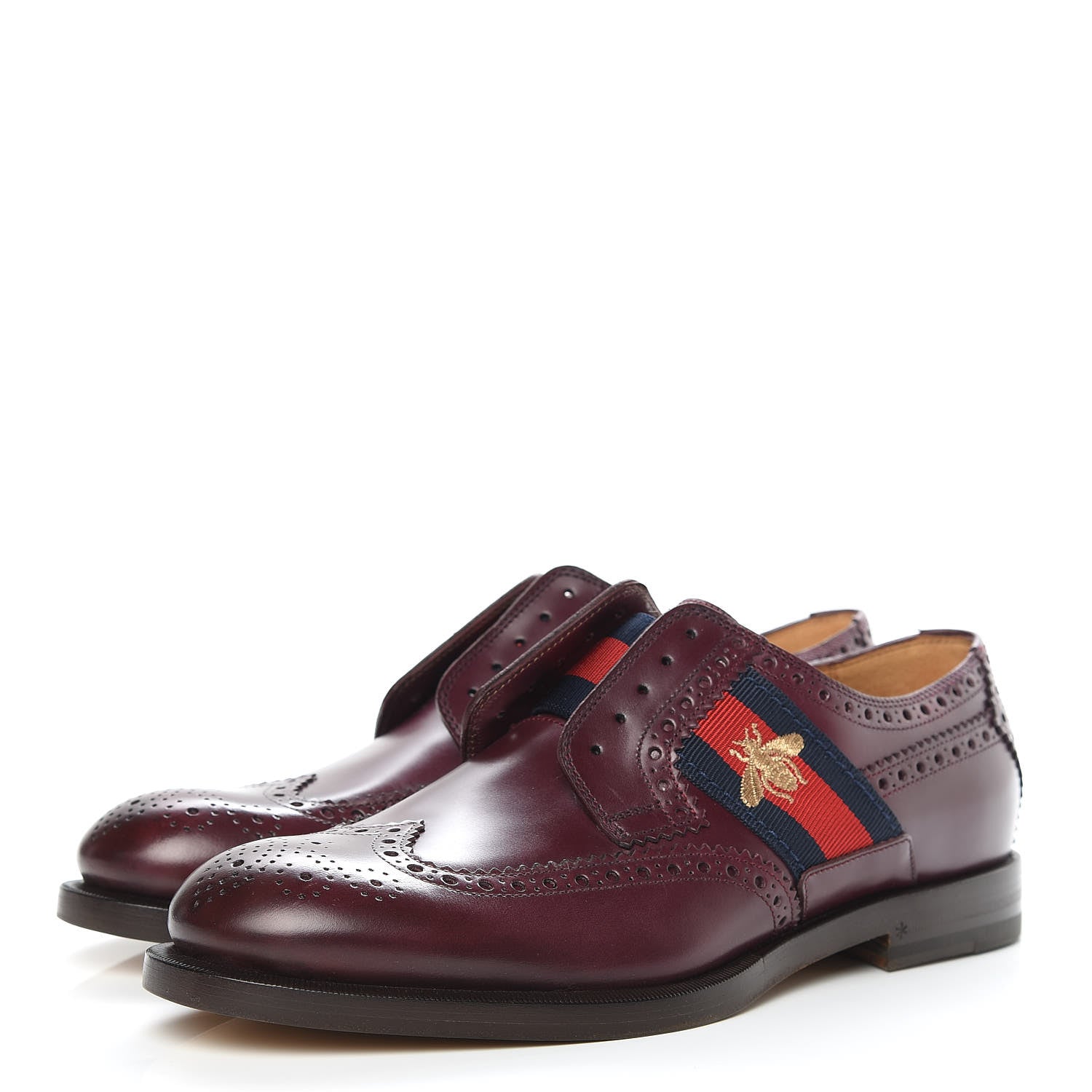 Gucci Calfskin Web Bee Embroidered Mens Slip-On Brogue Wingtip Derby Shoes 7 Bordeaux 3 of 9