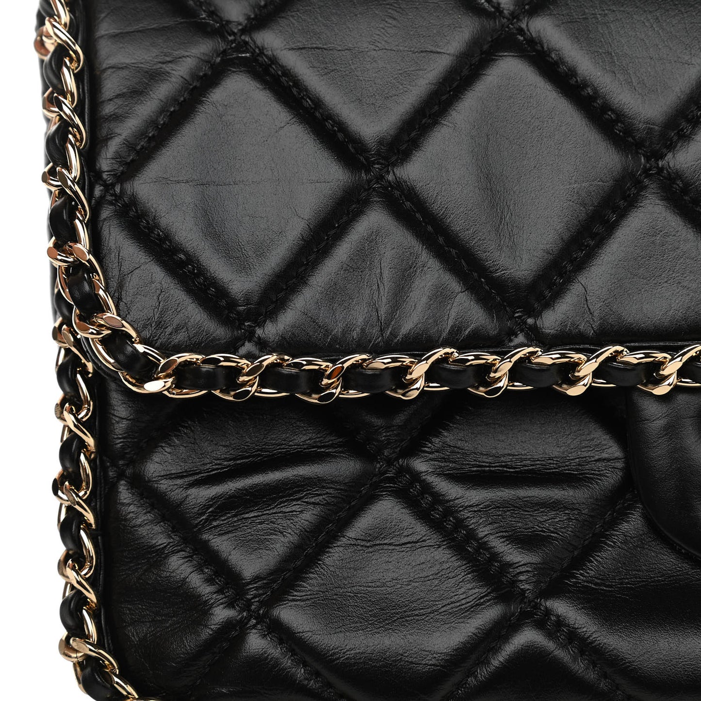 Crumpled Calfskin Medium Chain All Over Flap Black