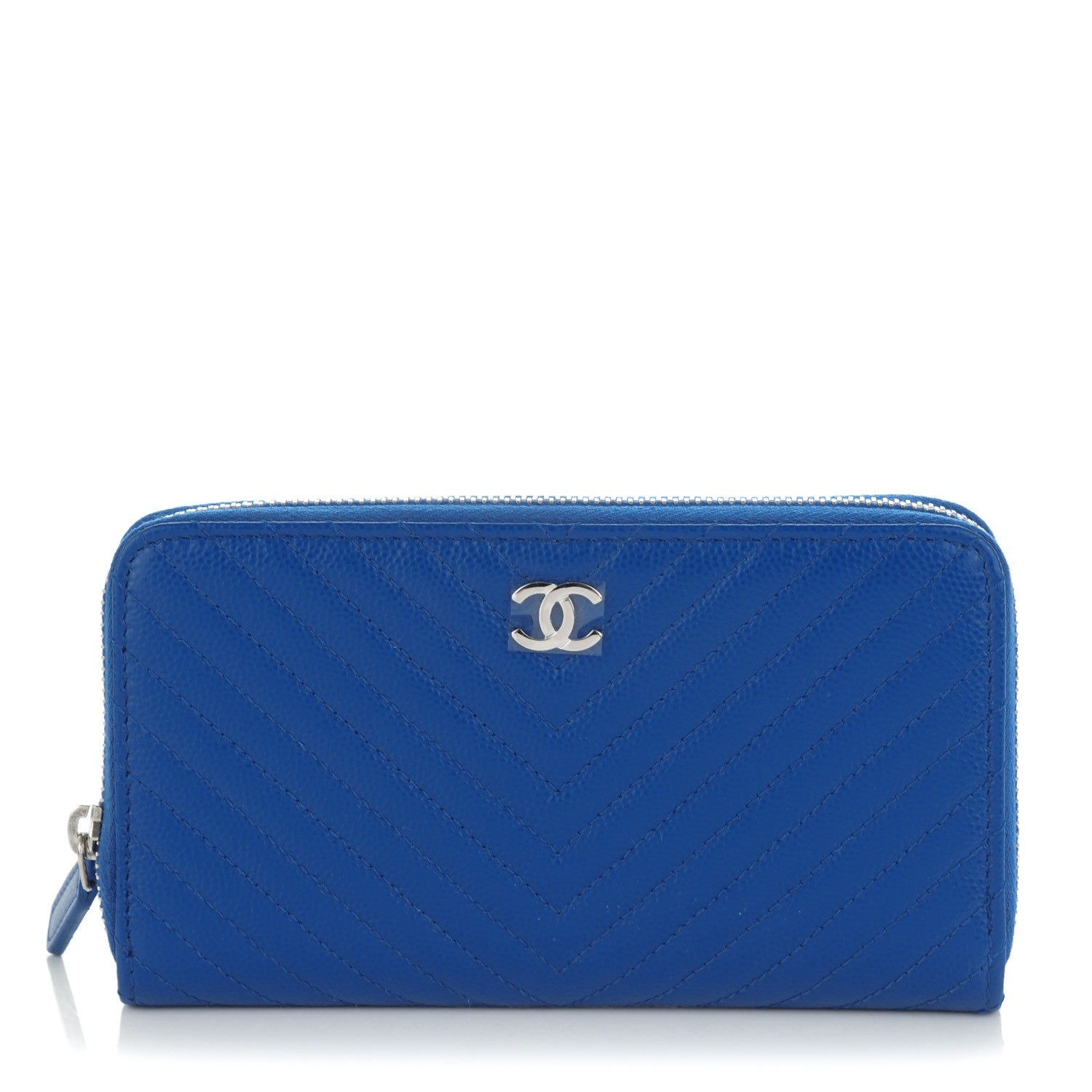 Chanel Caviar Chevron Quilted Small Zip Around Wallet Bright Blue 1 of 8