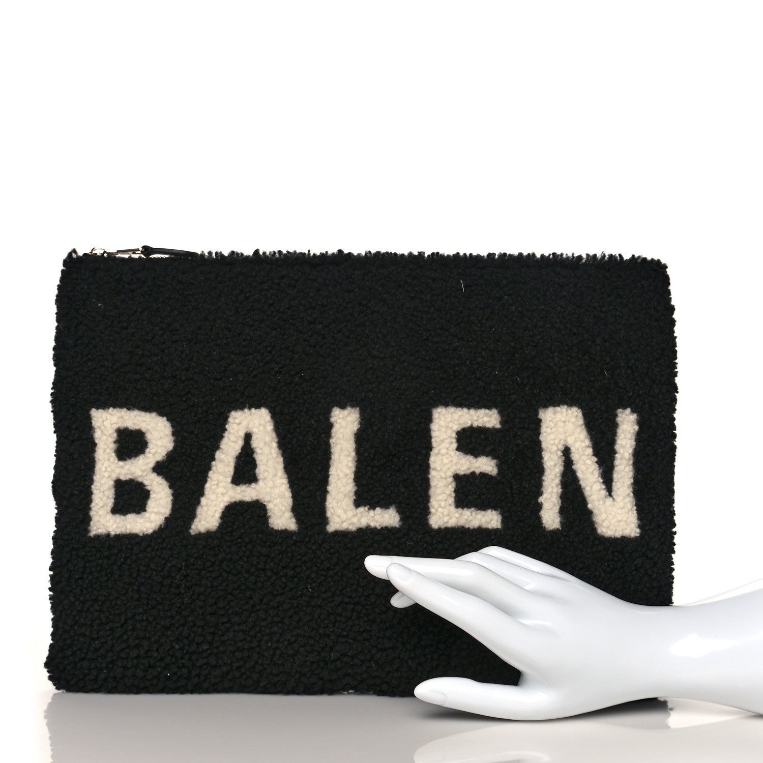 Balenciaga Sheepskin Shearling Contrasted Logo Large Zip Pouch Black 2 of 9