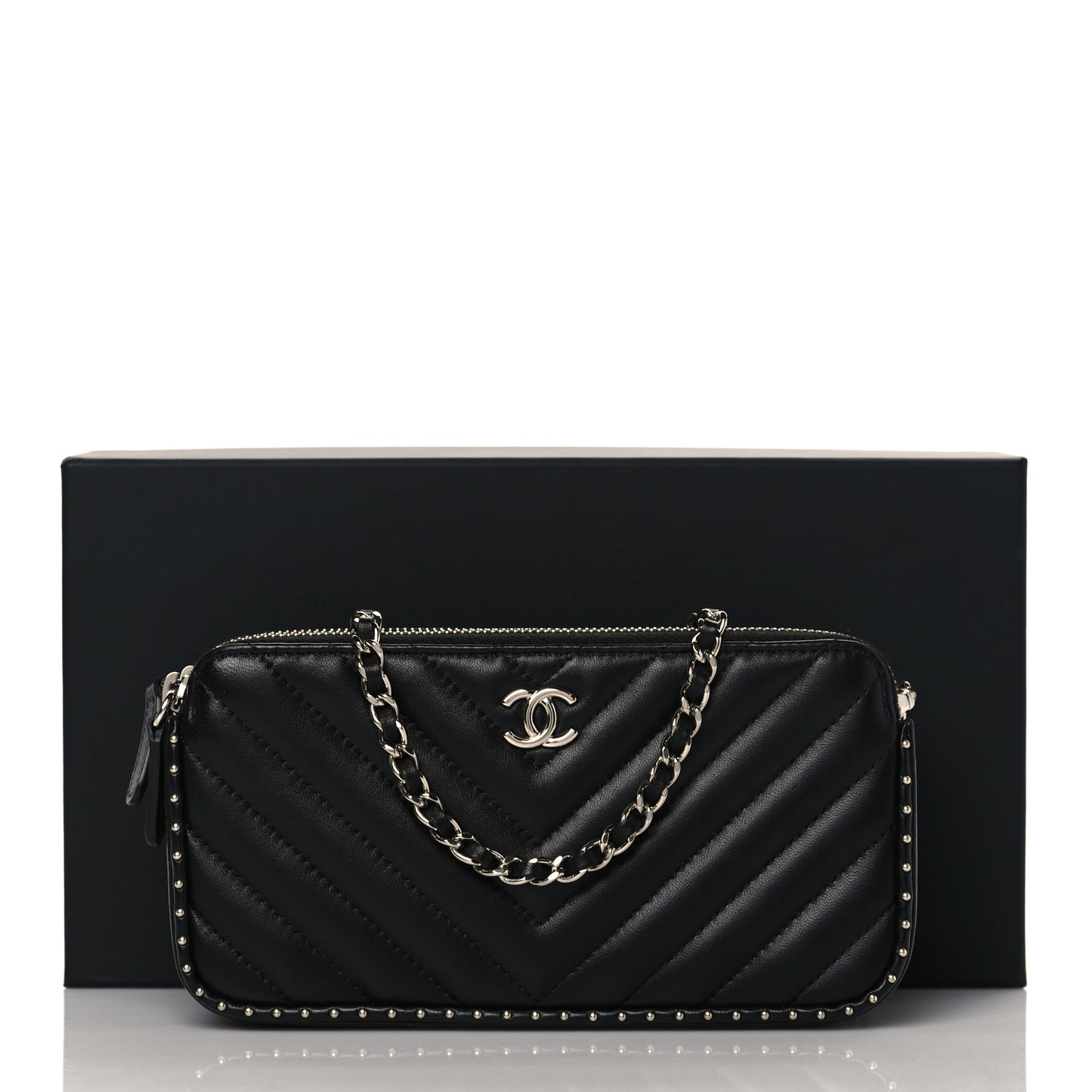 Lambskin Chevron Quilted Studded Clutch With Chain Black