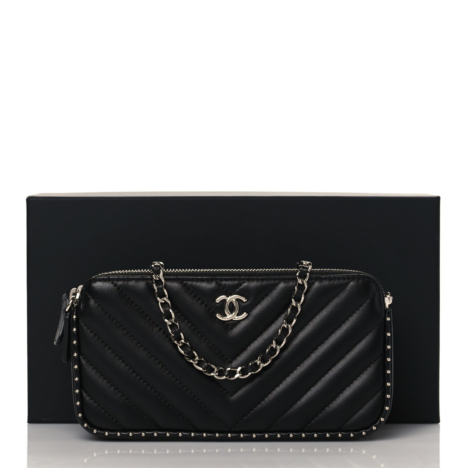 Chanel Lambskin Chevron Quilted Studded Clutch With Chain Black 13 of 13
