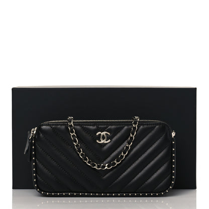 Chanel Lambskin Chevron Quilted Studded Clutch With Chain Black 13 of 13