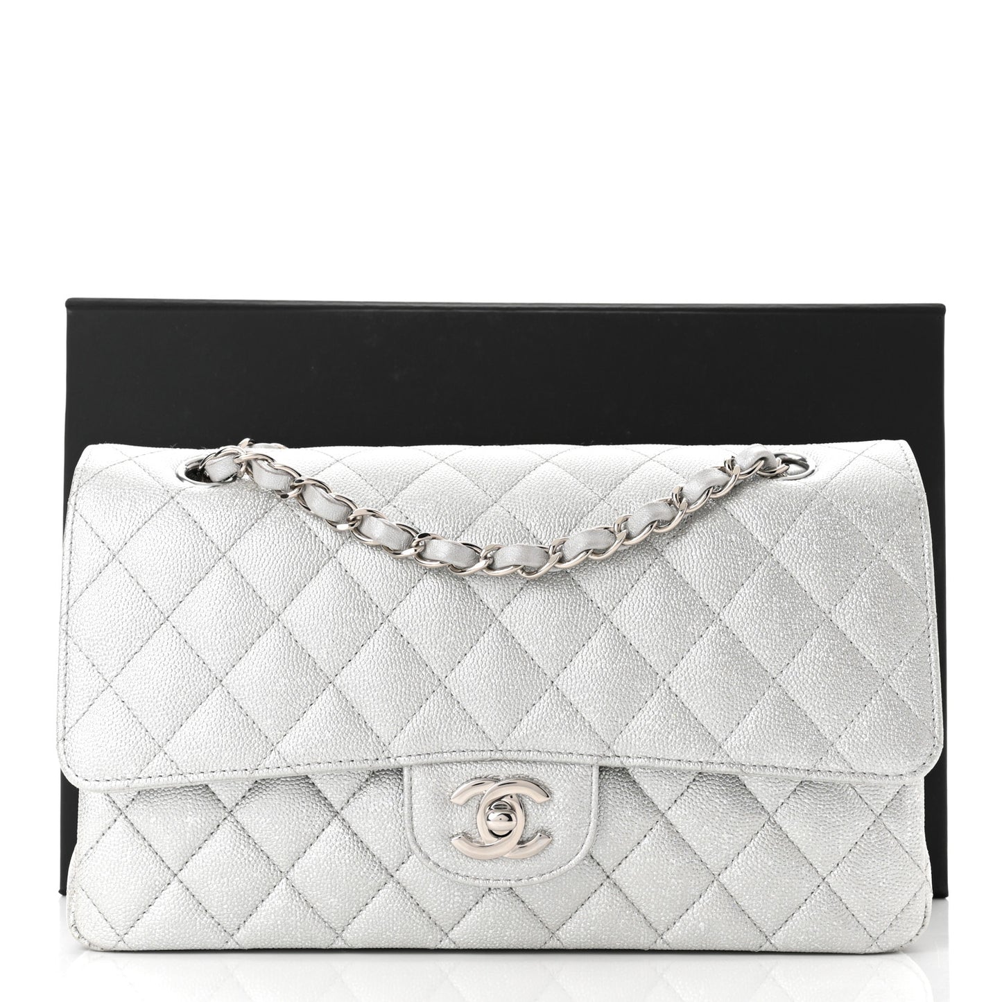 Glittered Metallic Caviar Quilted Medium Double Flap Silver
