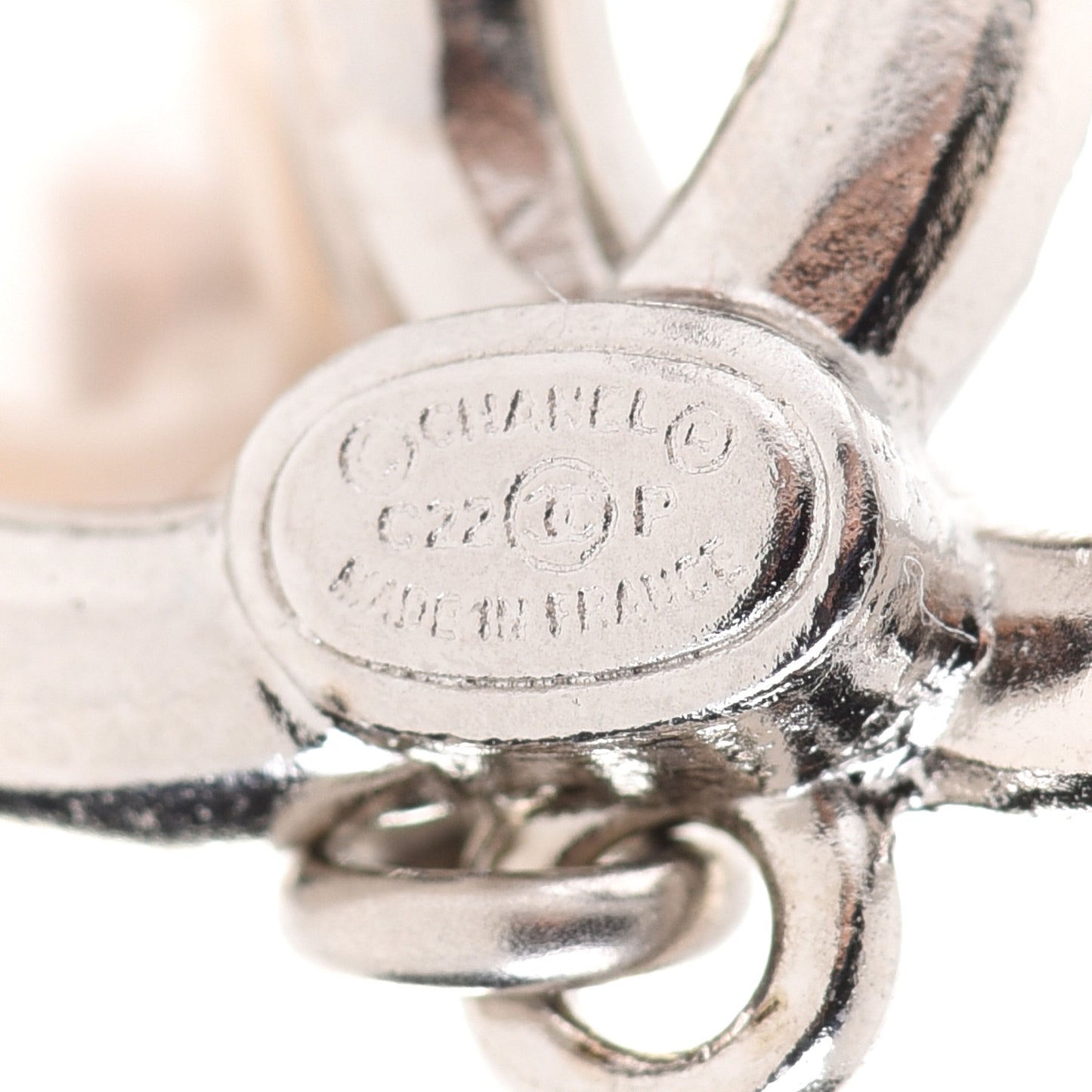 Crystal Baguette Pearl CC Drop Earrings Silver