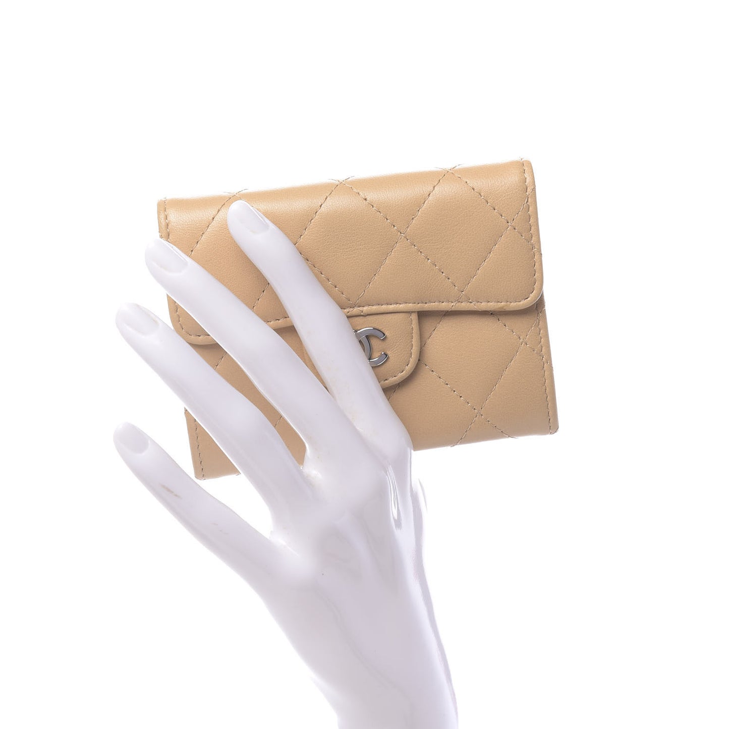 Lambskin Quilted Flap Card Holder Wallet Beige