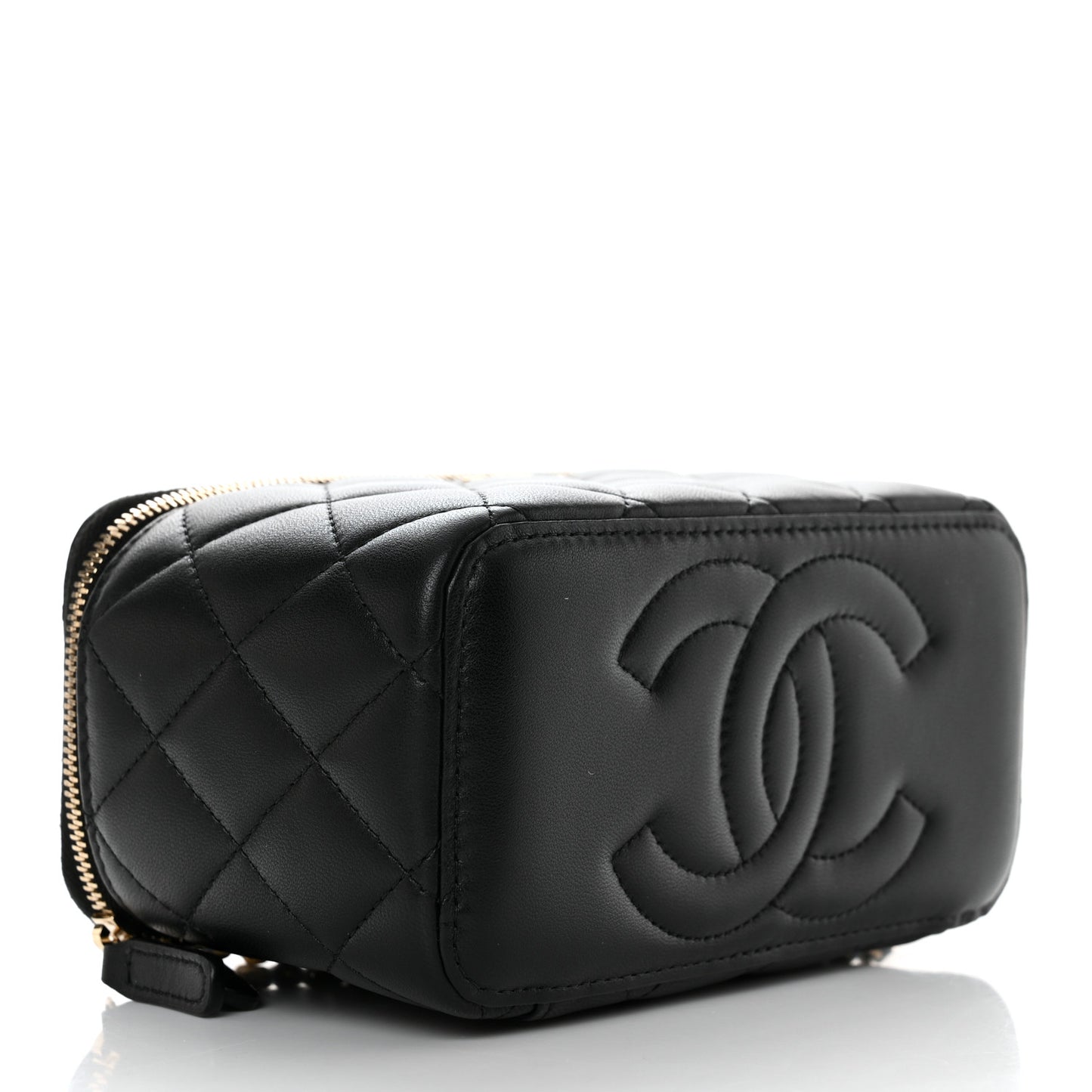 Lambskin Quilted Metal Small Top Handle Vanity Case With Chain Black