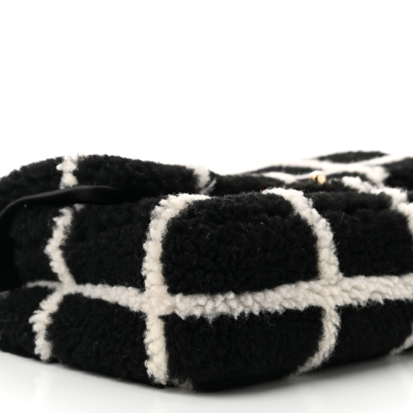 Shearling Lambskin Large Fluffy Tartan Single Flap Black White
