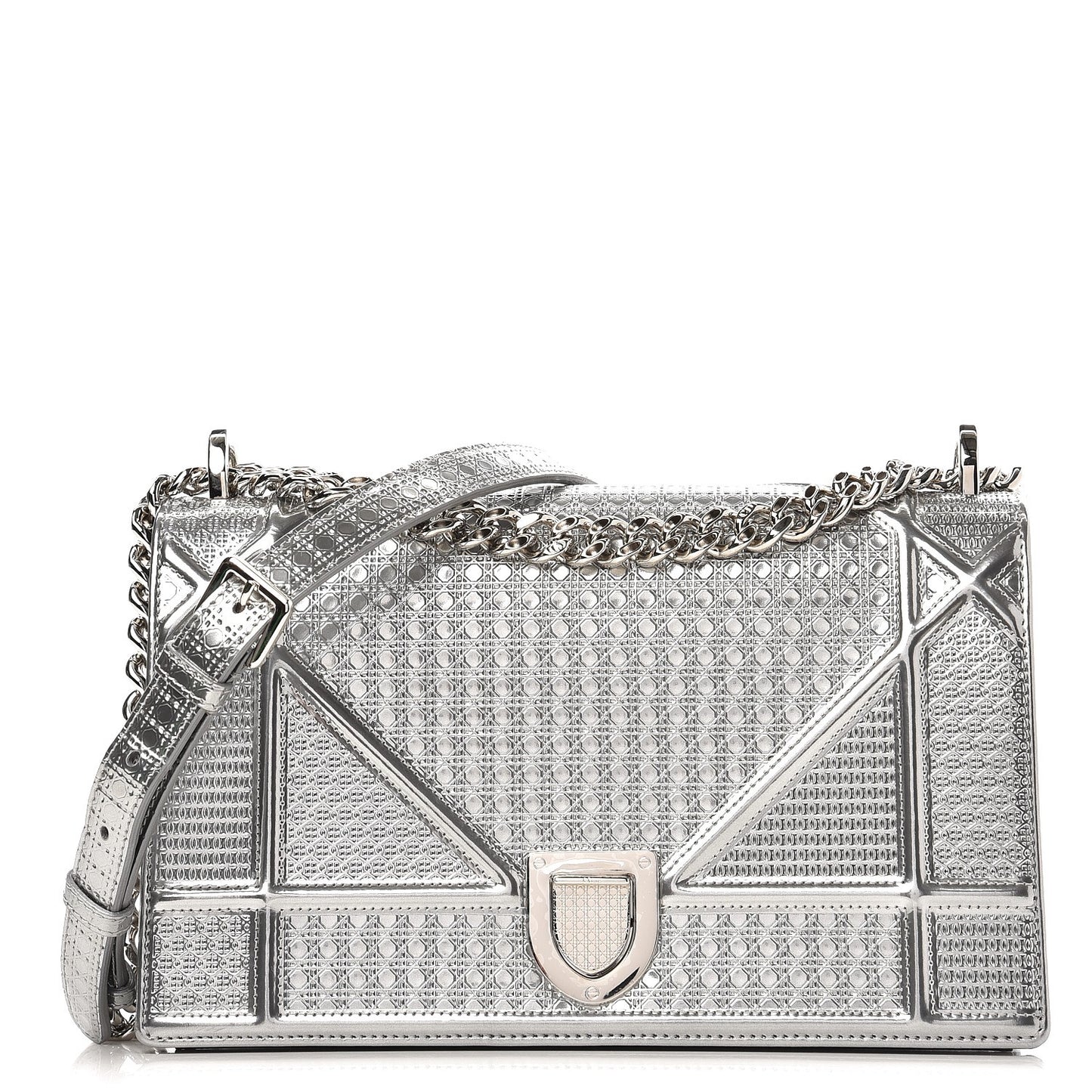 Metallic Patent Micro-Cannage Medium Diorama Flap Bag Silver