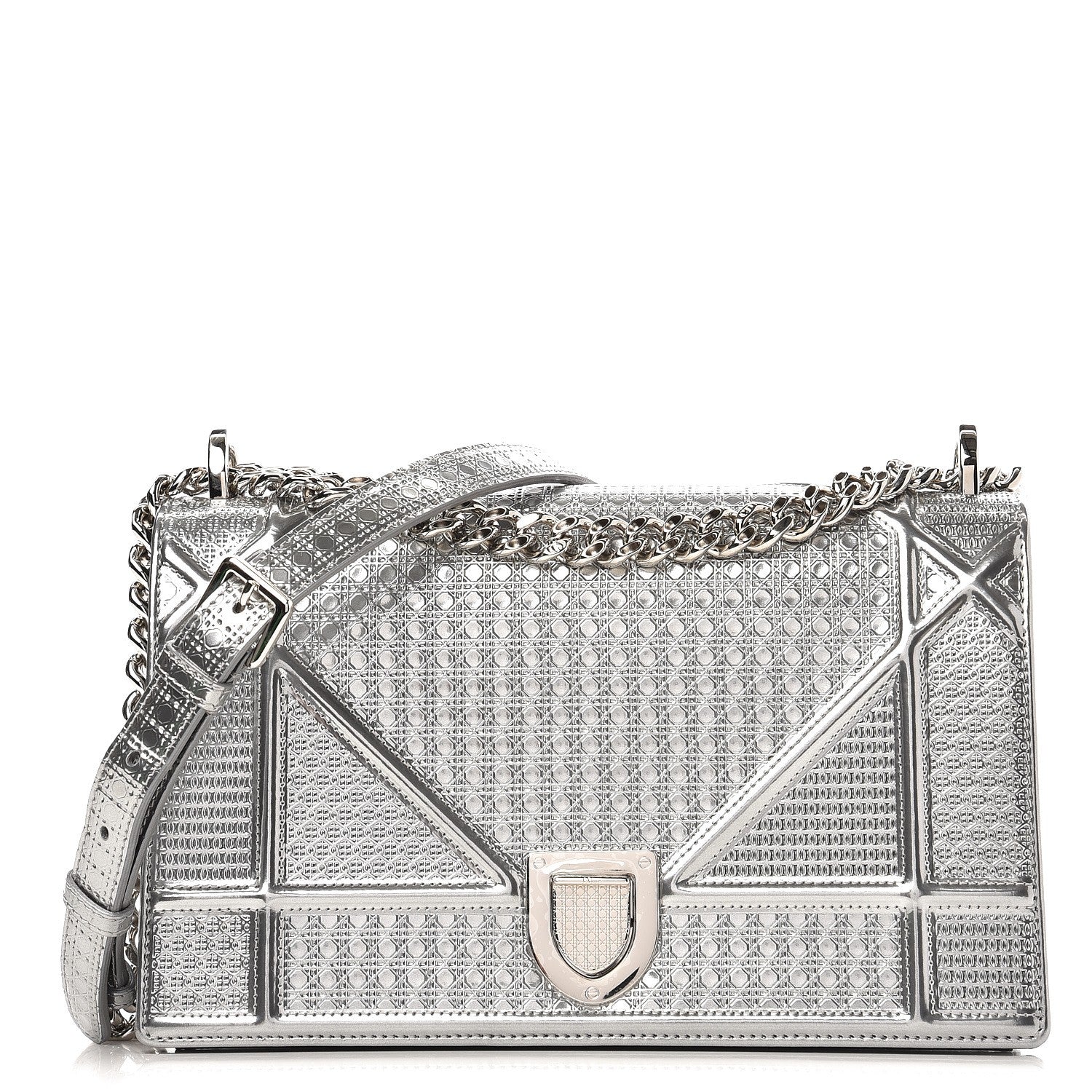 Christian Dior Metallic Patent Micro-Cannage Medium Diorama Flap Bag Silver 1 of 8
