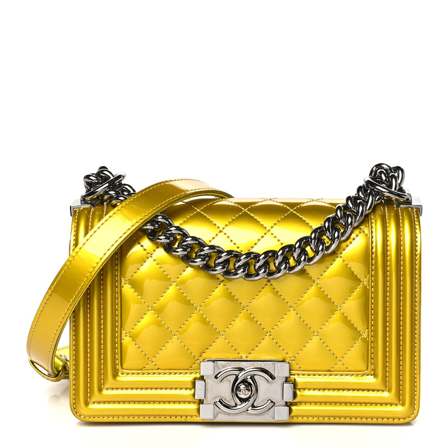 Metallic Patent Calfskin Quilted Small Boy Flap Yellow