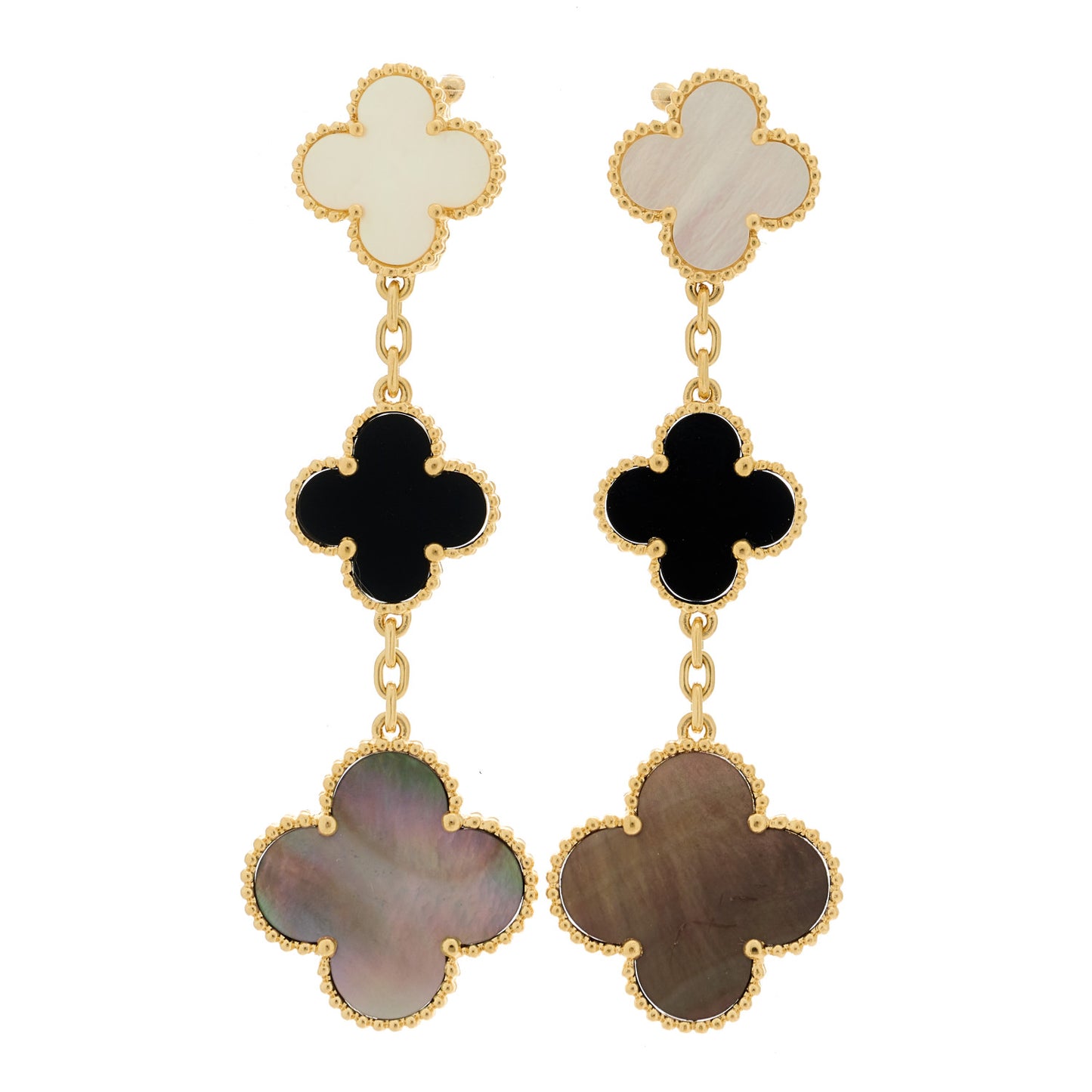 18K Yellow Gold Mother of Pearl Black Onyx 3 Motifs Magic Alhambra Earrings