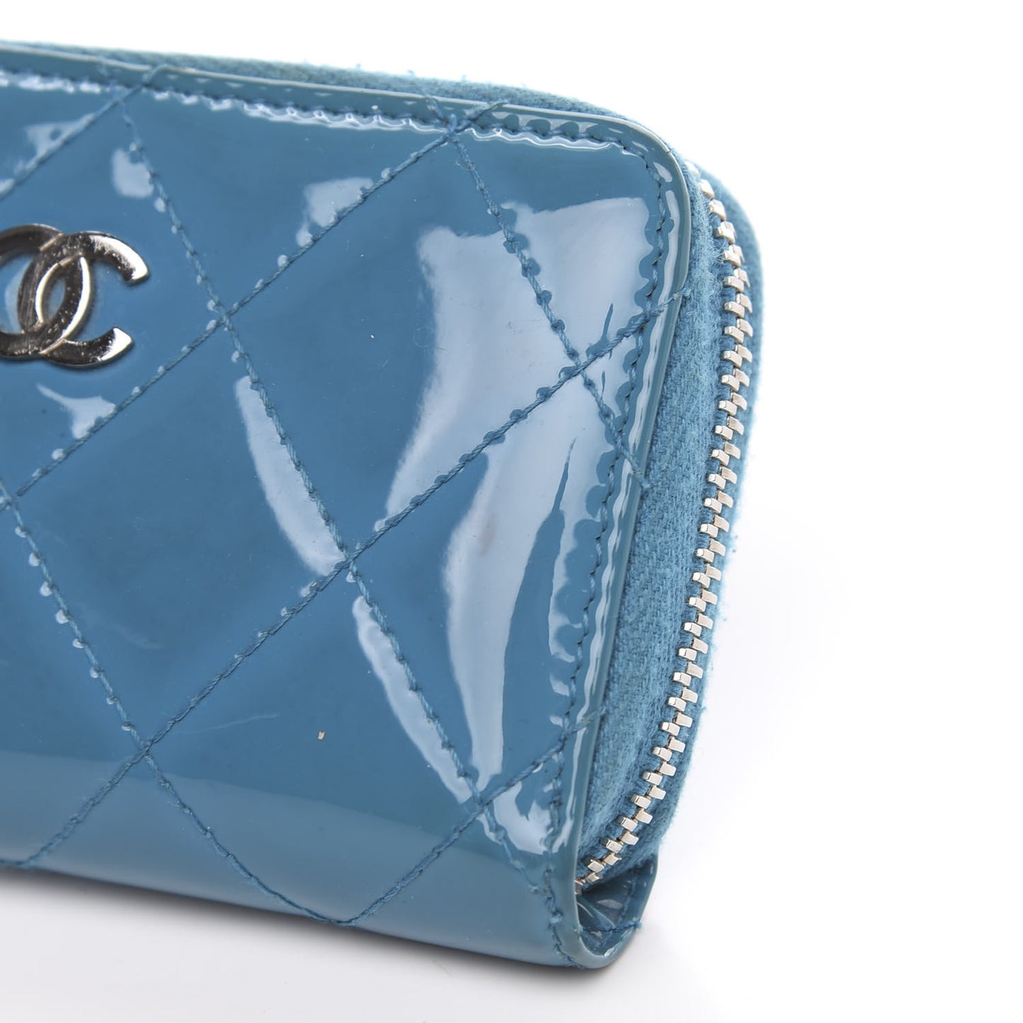 Patent Calfskin Quilted Zip Coin Purse Blue