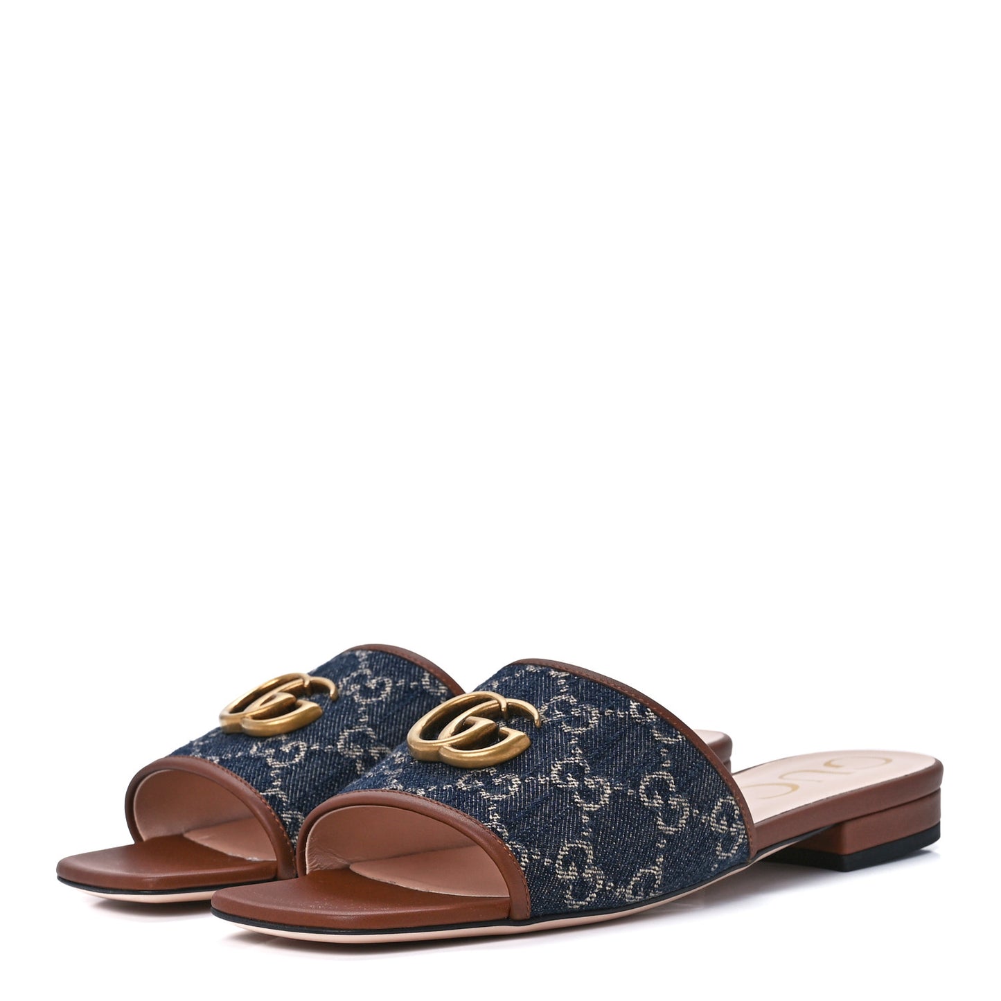 New Denim GG Monogram Miro Soft Calfskin Jolie Slide Sandals 37.5 Blue Tea Cuir Epilog