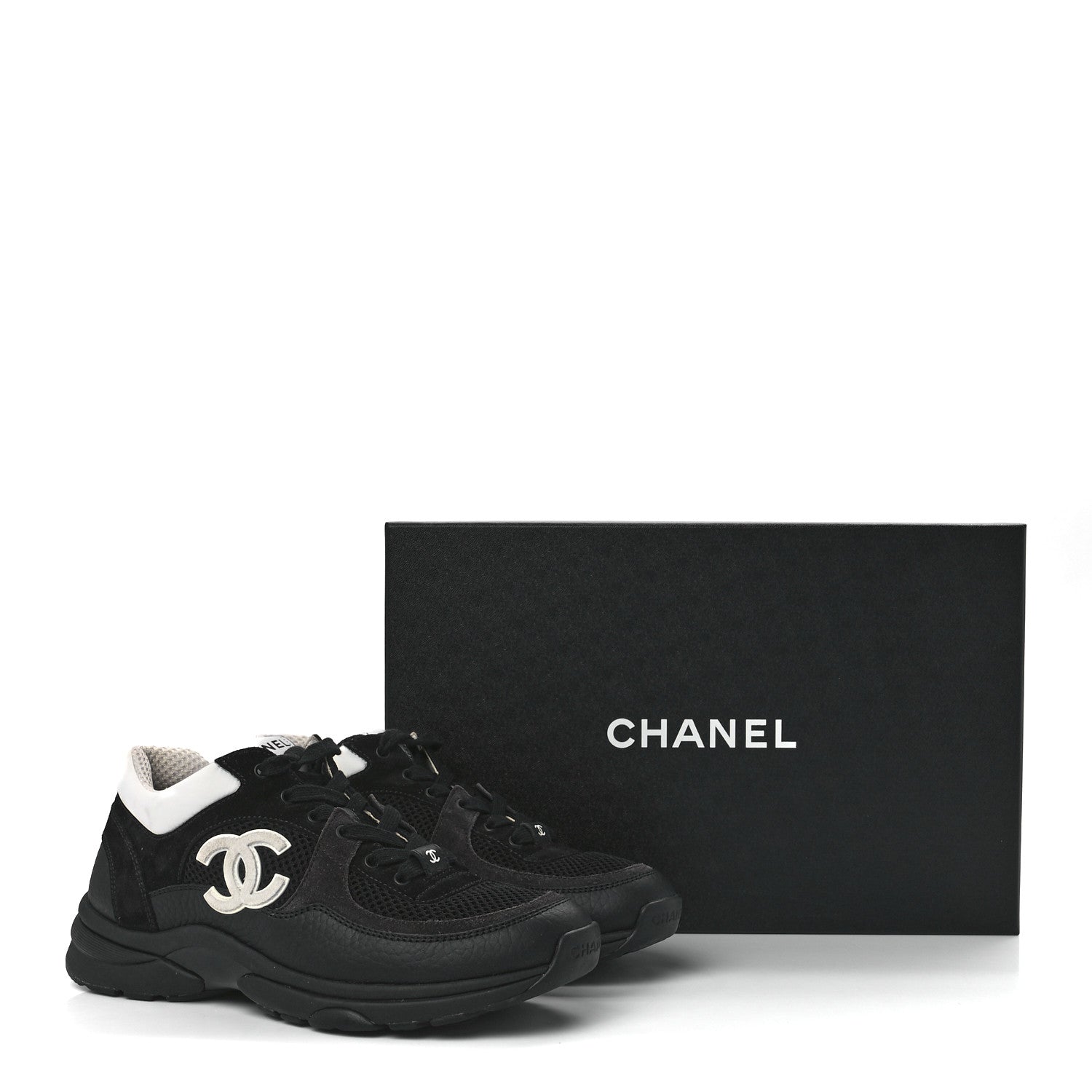 Chanel Mesh Suede Grained Calfskin Womens CC Sneakers 36.5 Black White 9 of 9