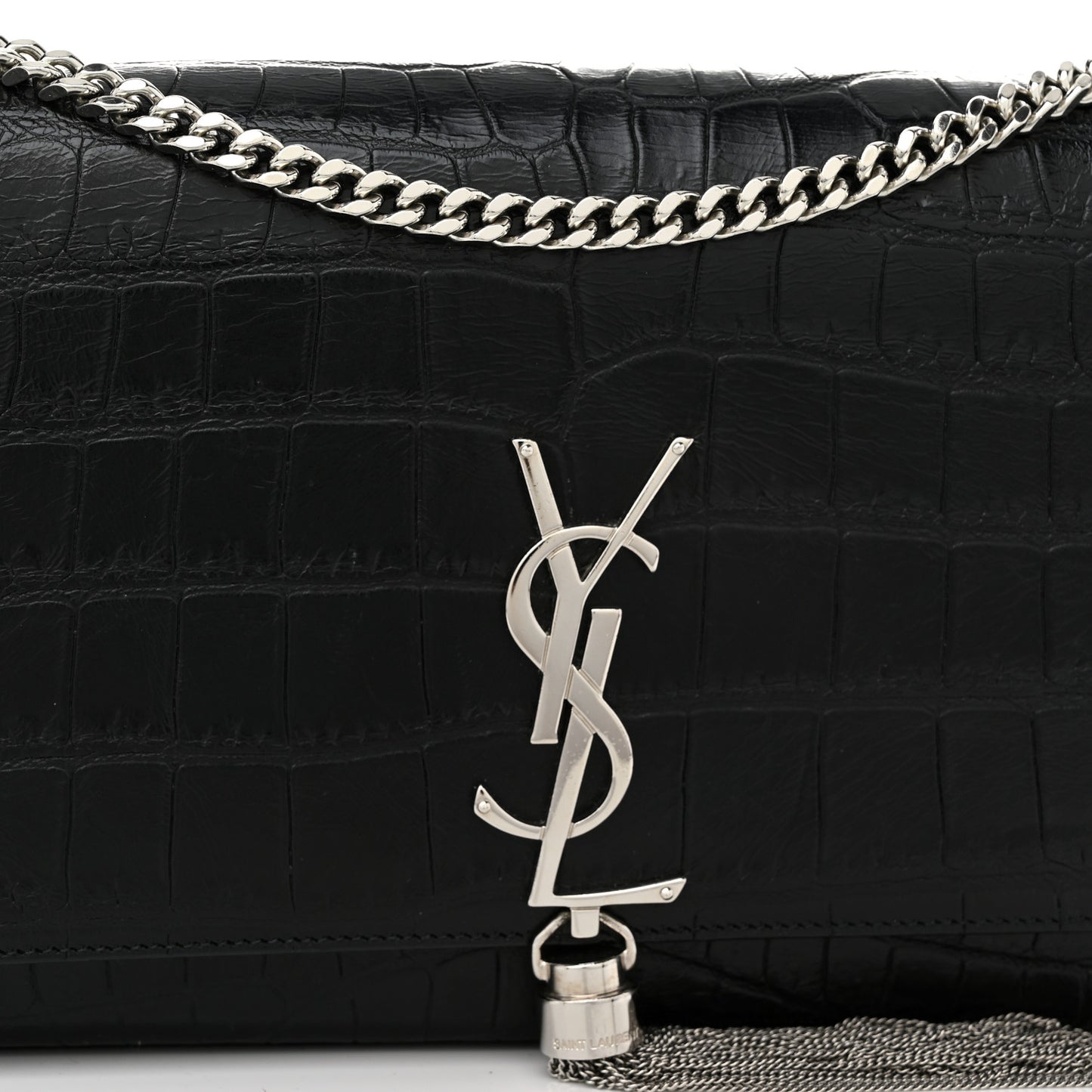 Calfskin Crocodile Embossed Medium Classic Monogram Kate Tassel Satchel Black