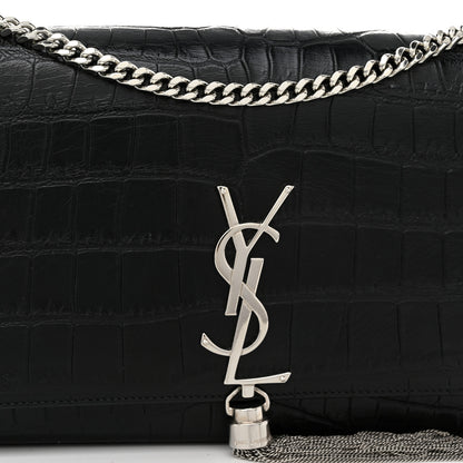 Saint Laurent Calfskin Crocodile Embossed Medium Classic Monogram Kate Tassel Satchel Black 7 of 9