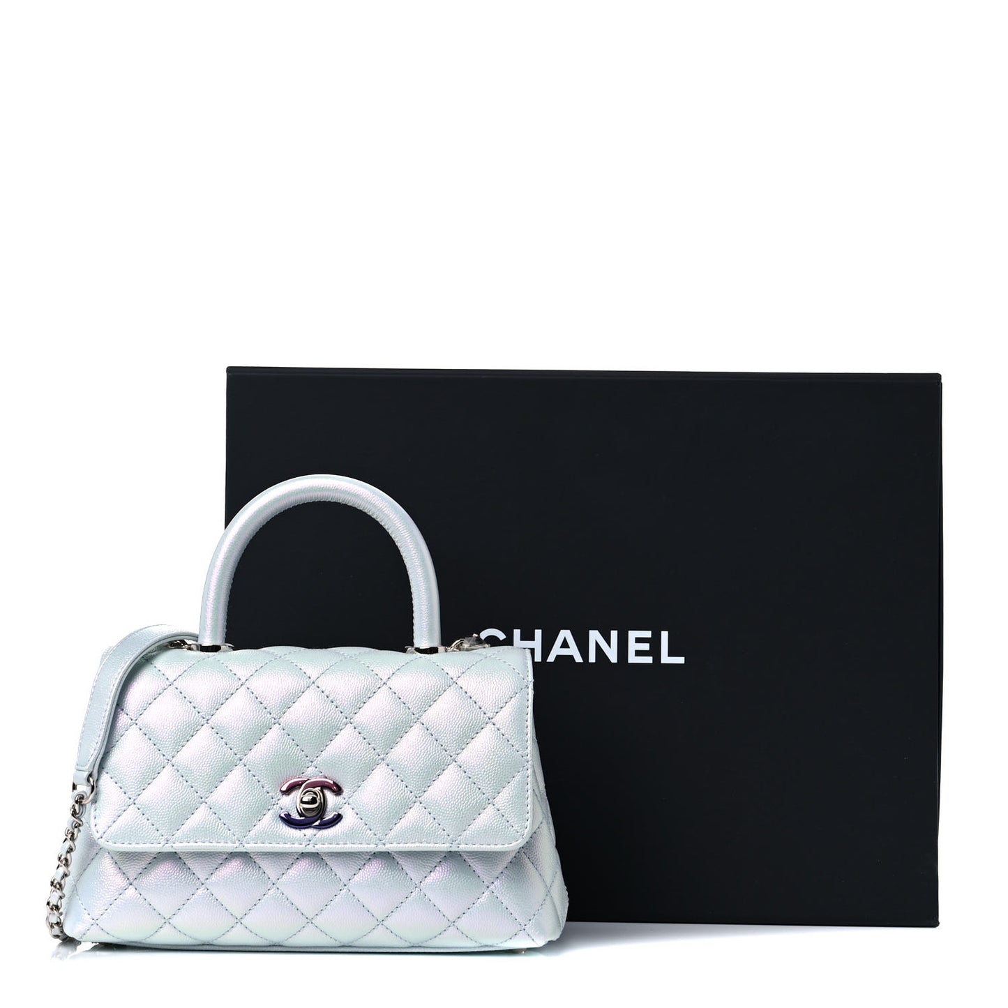 Iridescent Caviar Quilted Mini Coco Handle Flap Light Blue