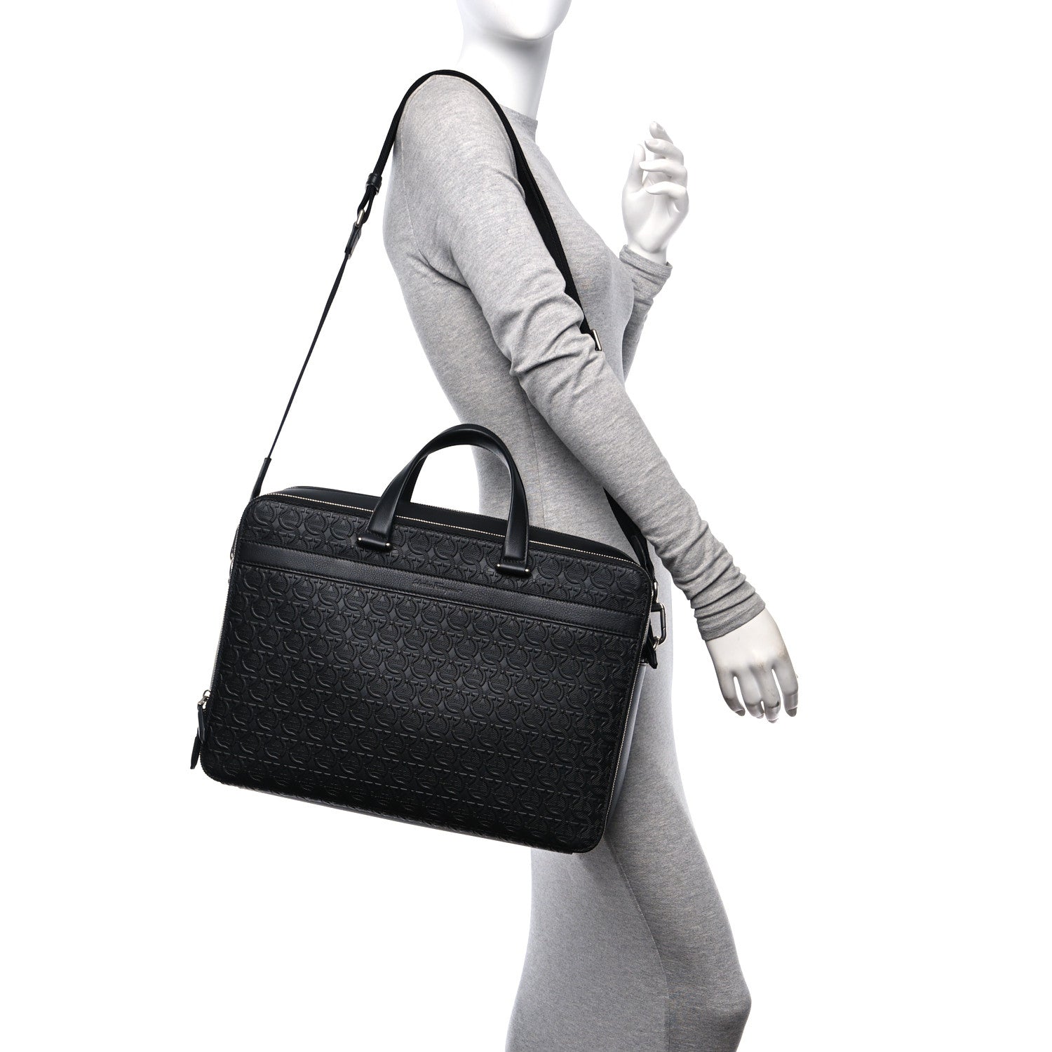 Salvatore Ferragamo Calfskin Gancini Embossed Briefcase Black 2 of 13