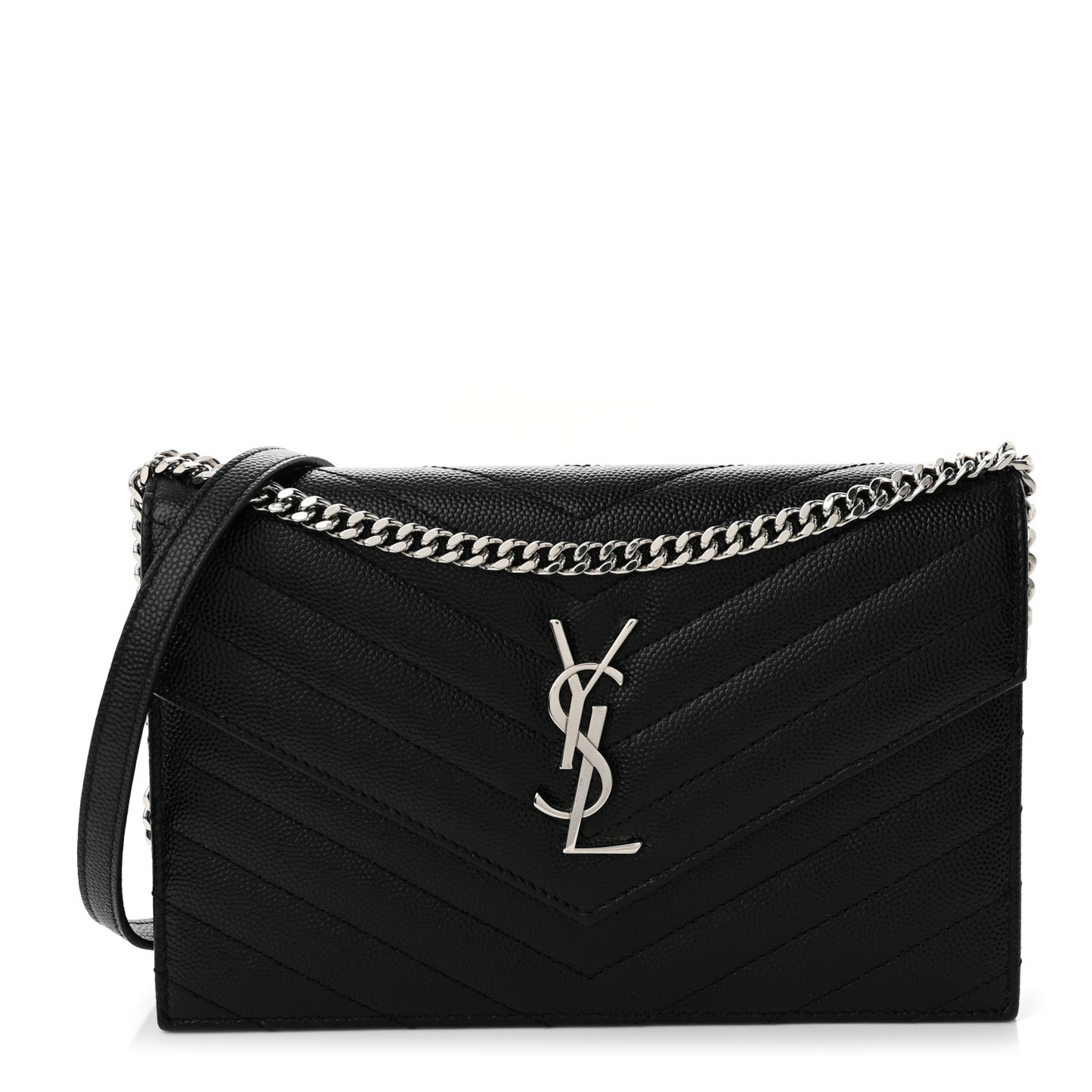 Grain De Poudre Matelasse Chevron Monogram Envelope Chain Wallet Black