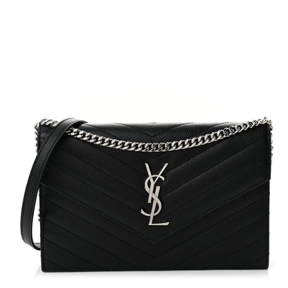 Saint Laurent Grain De Poudre Matelasse Chevron Monogram Envelope Chain Wallet Black 1 of 10