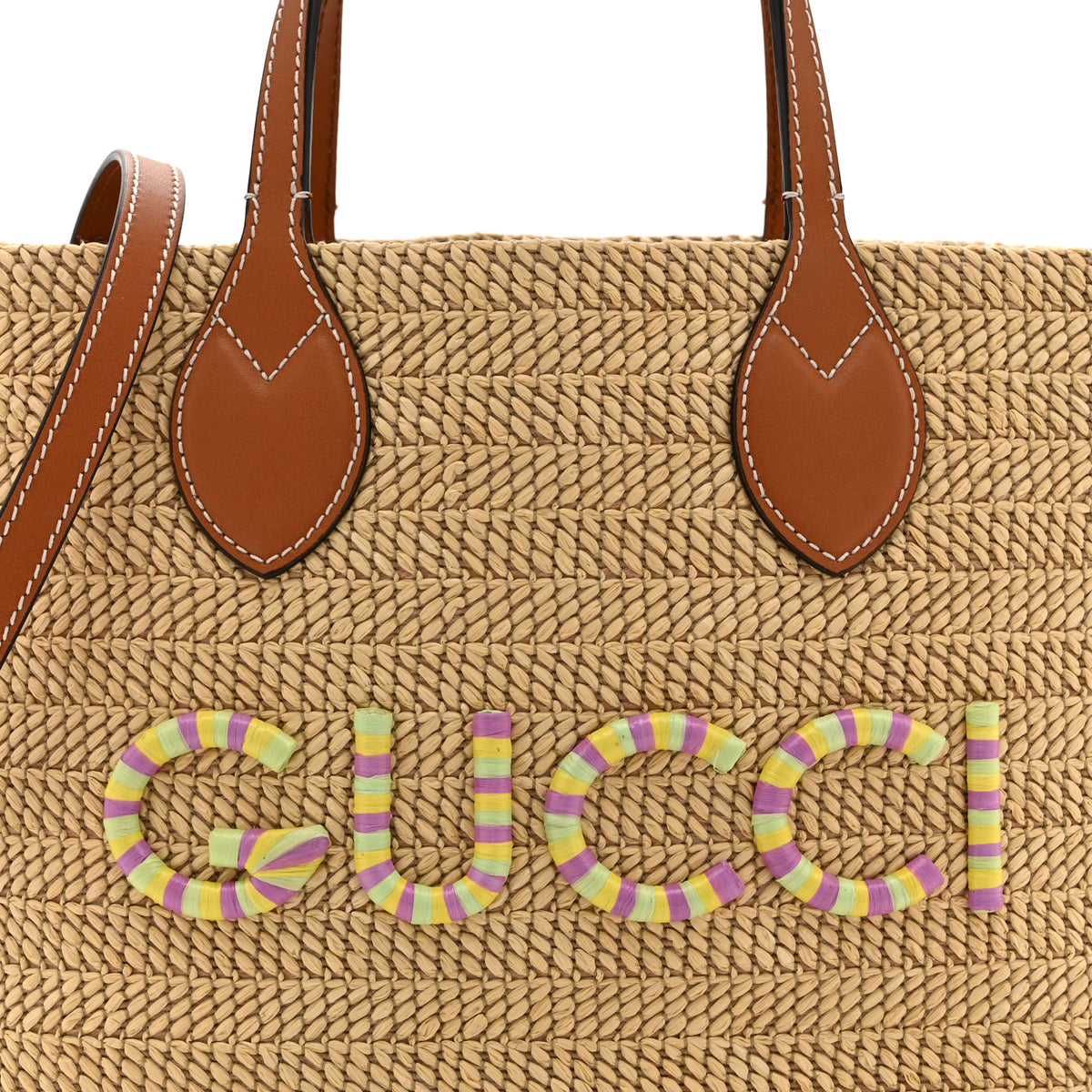 Raffia Woven Logo Patch Medium Tote Bag Natural Brown Multicolor