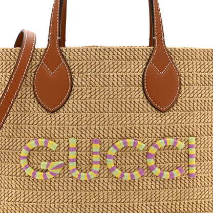 Gucci Raffia Woven Logo Patch Medium Tote Bag Natural Brown Multicolor 8 of 10