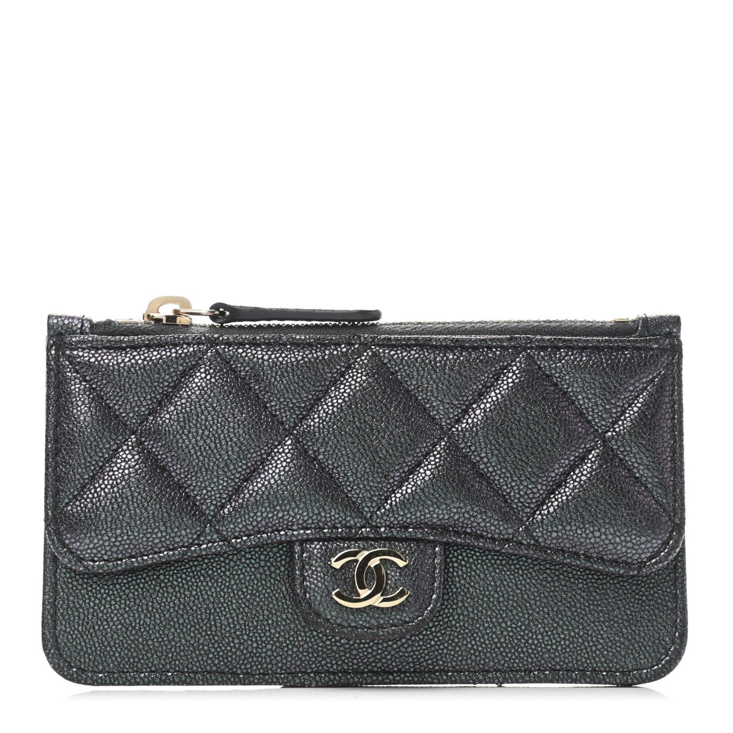 Iridescent Caviar Quilted Flap Zip Card Holder Black
