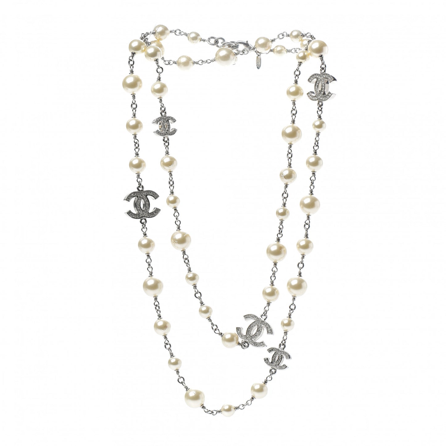 Crystal Pearl CC Long Necklace Silver