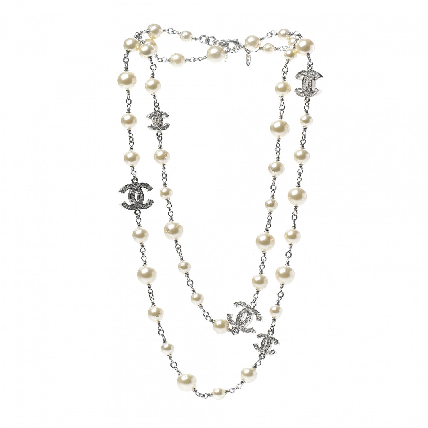 Chanel Crystal Pearl CC Long Necklace Silver 3 of 6