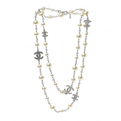 Chanel Crystal Pearl CC Long Necklace Silver 3 of 6