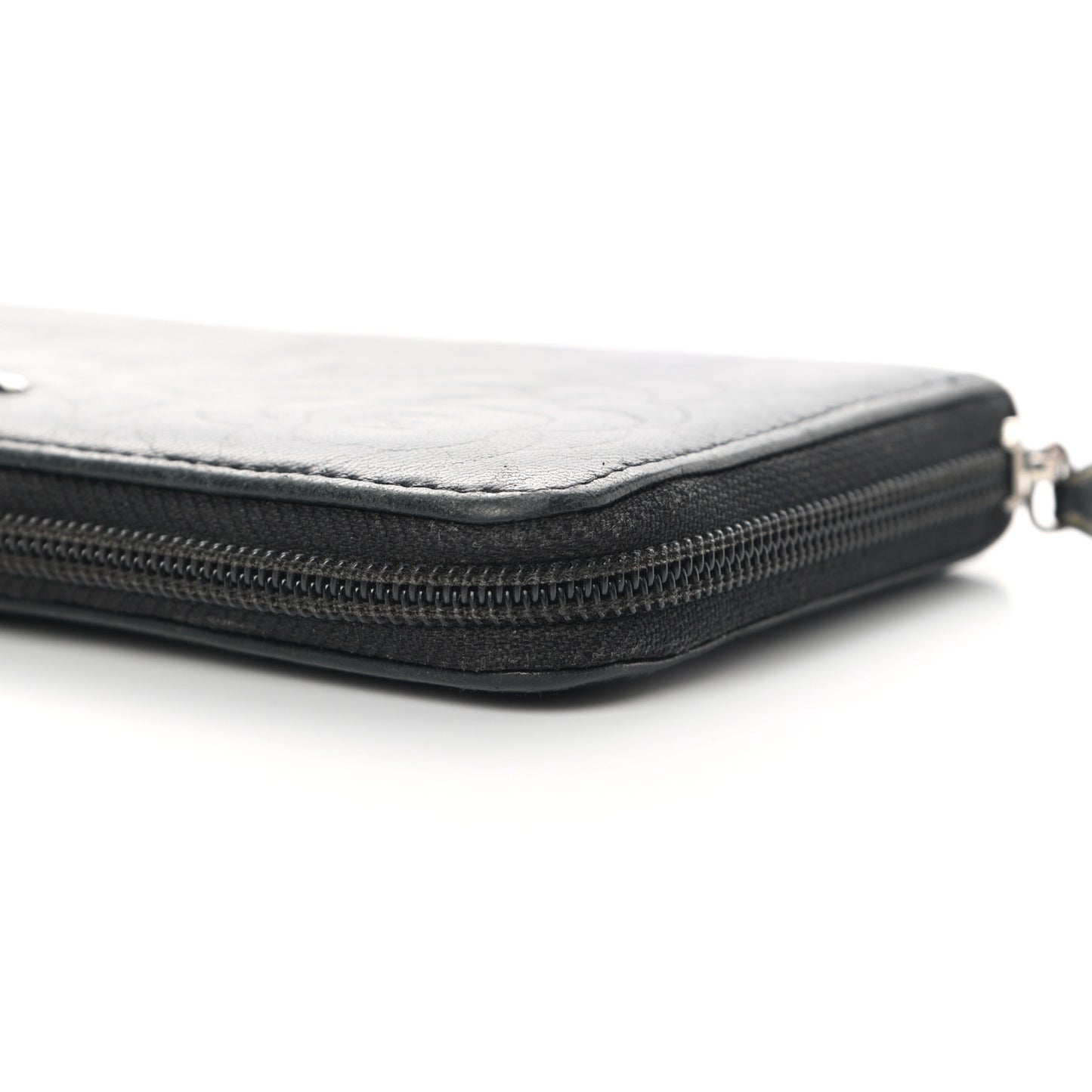 Lambskin Camellia Embossed Large Zip Around Gusset Wallet Black
