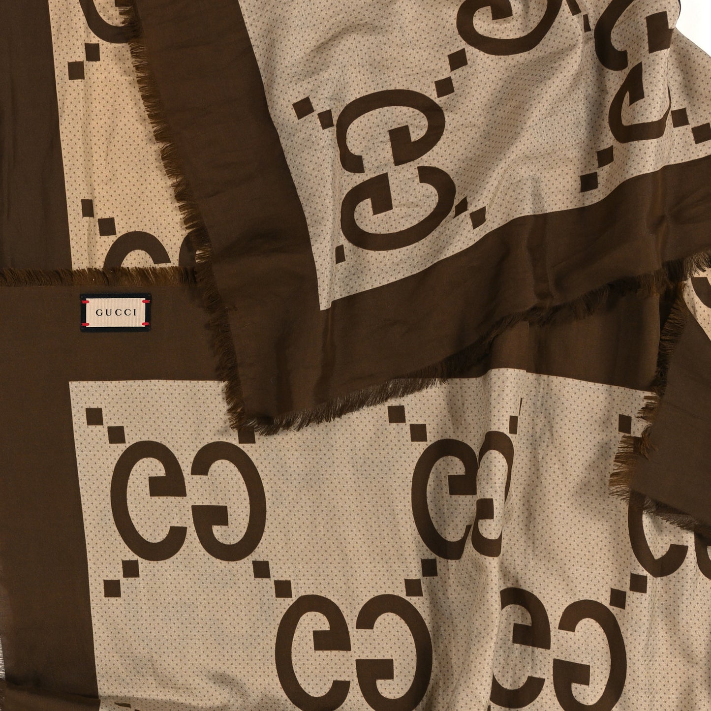 Wool Silk Jumbo GG Monogram Fringe Scarf Dark Brown Beige