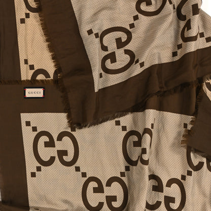 Gucci Wool Silk Jumbo GG Monogram Fringe Scarf Dark Brown Beige 3 of 3