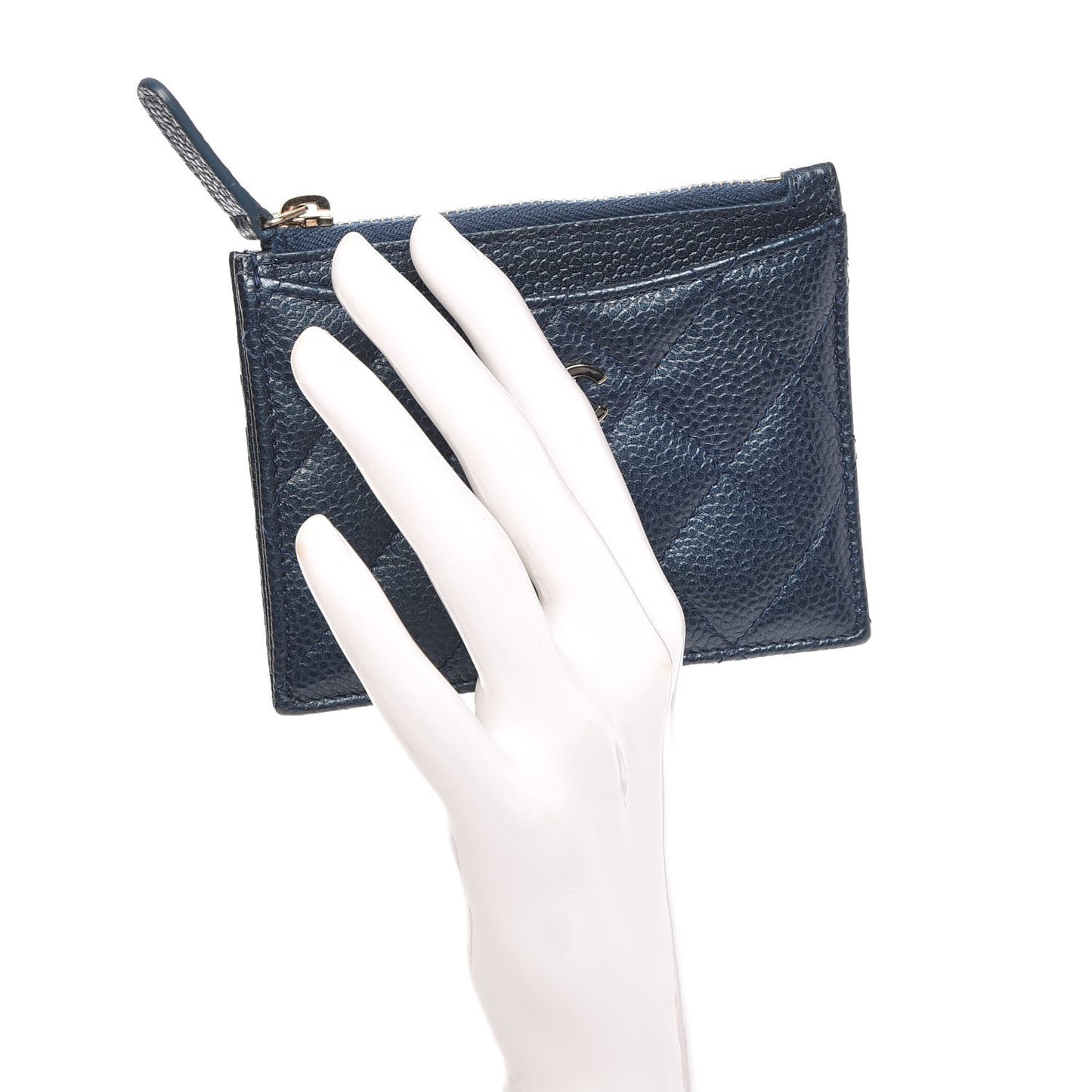 Metallic Caviar Quilted CC Zip Card Holder Dark Blue