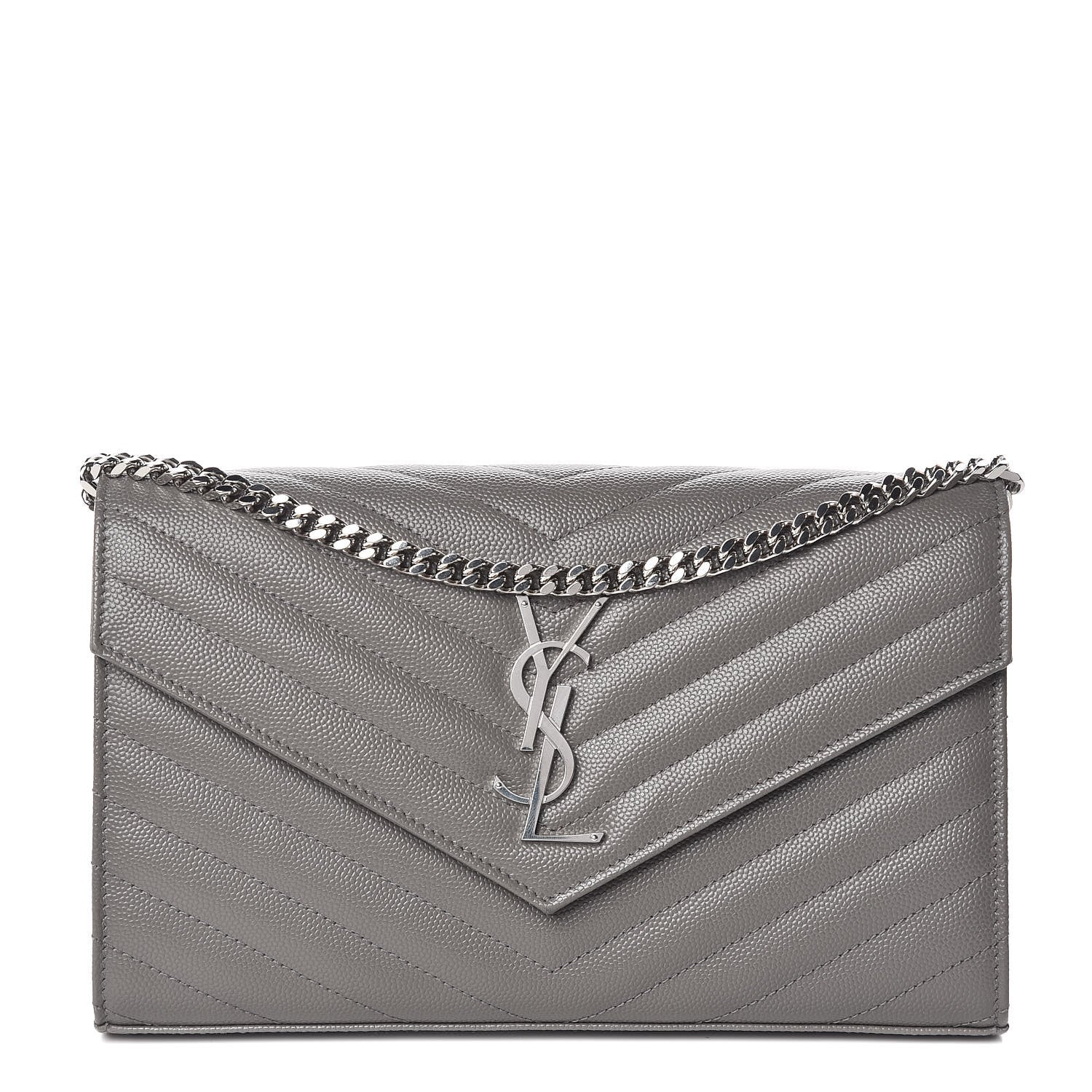 Saint Laurent Grain De Poudre Matelasse Chevron Monogram Chain Wallet Fog 1 of 11