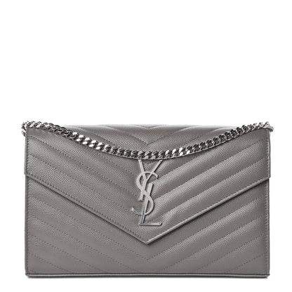 Saint Laurent Grain De Poudre Matelasse Chevron Monogram Chain Wallet Fog 1 of 11