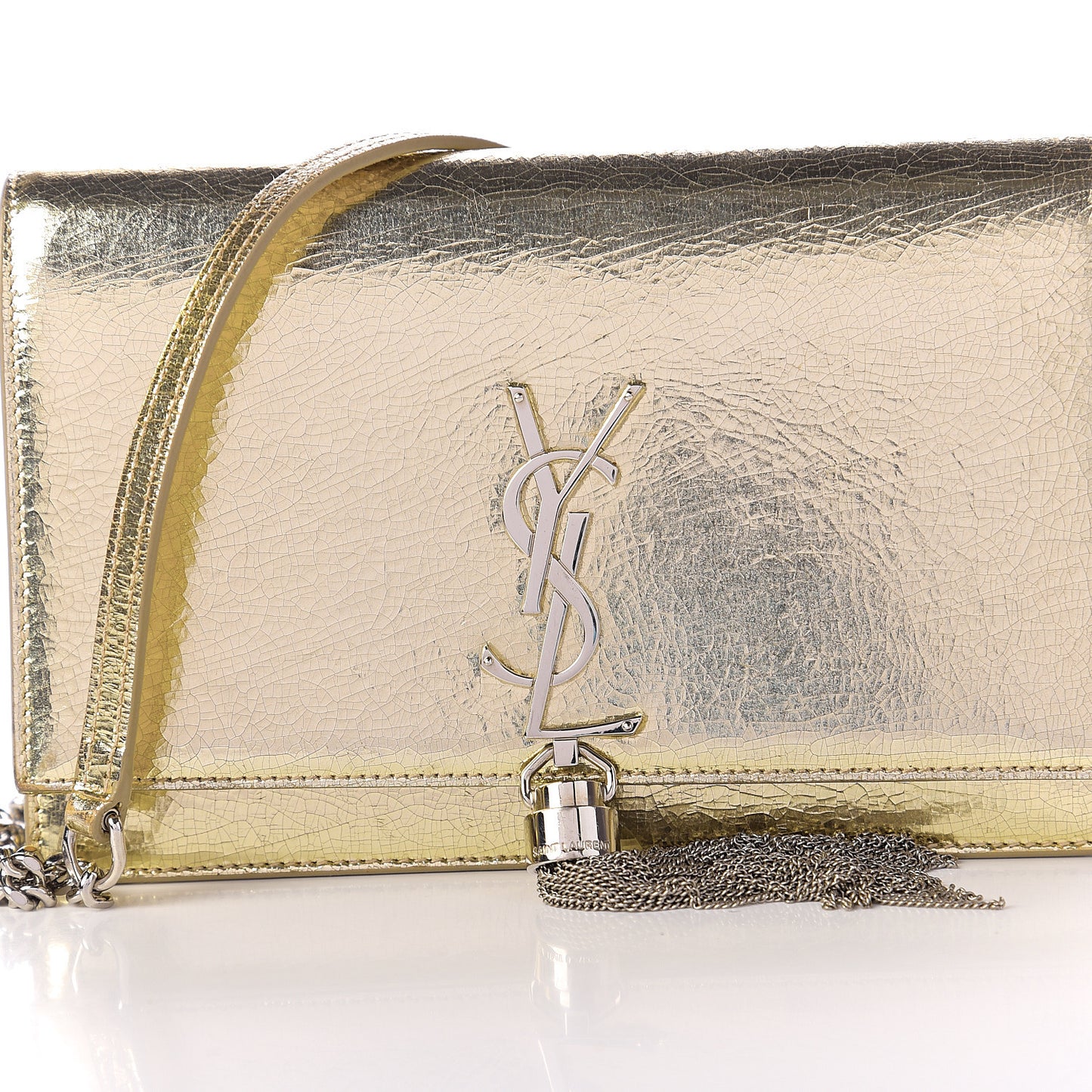 Metallic Crackled Calfskin Kate Monogram Tassel Chain Wallet Gold