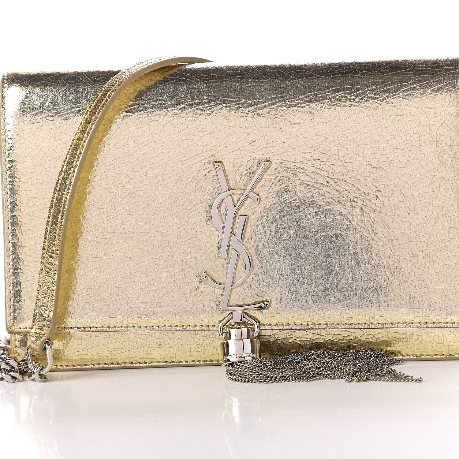 Saint Laurent Metallic Crackled Calfskin Kate Monogram Tassel Chain Wallet Gold 12 of 12